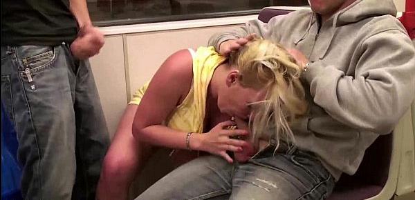  Huge tits star Stella Fox PUBLIC sex threesome in a subway train